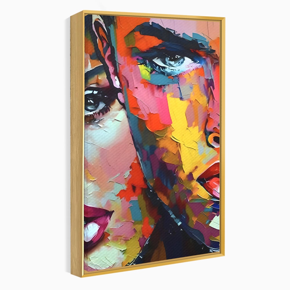 Tablou canvas cu tablou canvas cu chipuri in culori vibrante, in rama de aluminiu auriu